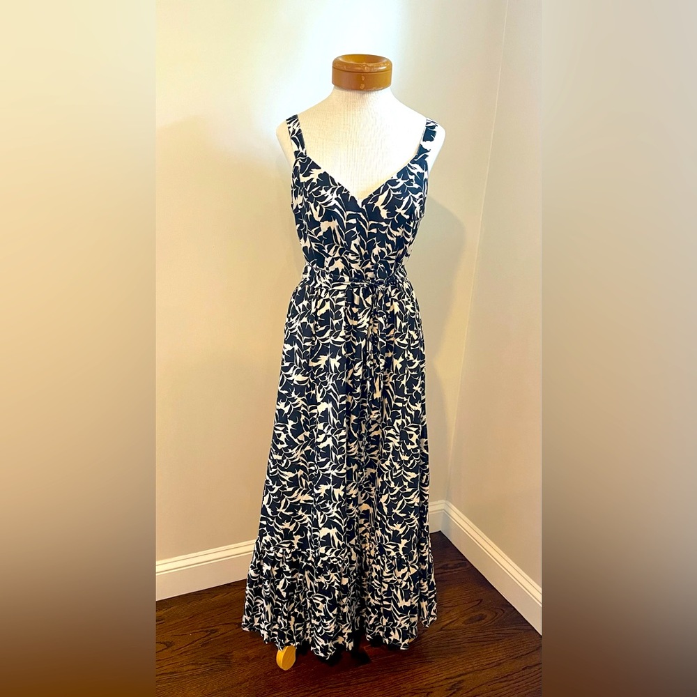 J.Crew Black and White Printed Waist Tie Linen-Cotton Maxi Dress Size 6